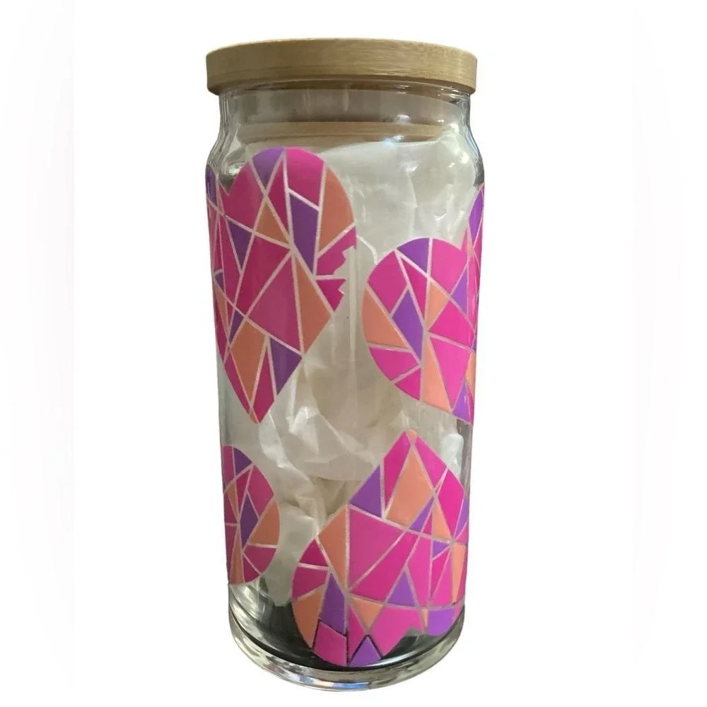 Glass Tumbler With Bamboo Lid Geometric Heart Design Pink Purple